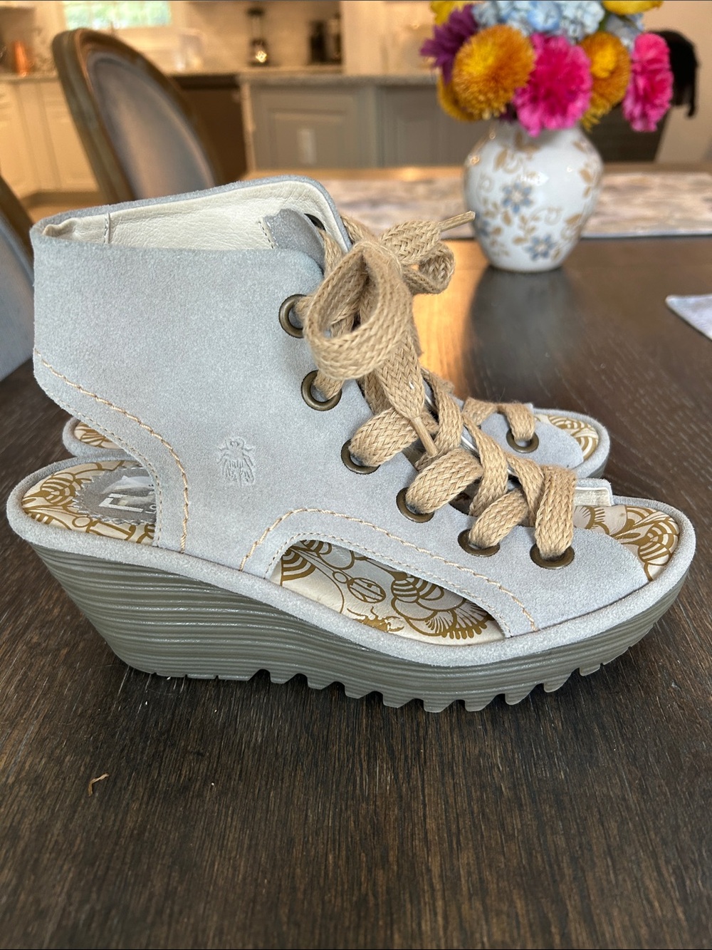 Fly London Taupe Suede Open-Toe Wedge Sandals with Braided Laces